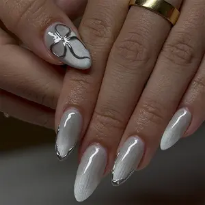 Sophisticated Silver Gray Cat Eye Press-On Nails | Minimalist Solid Color | Bow Design