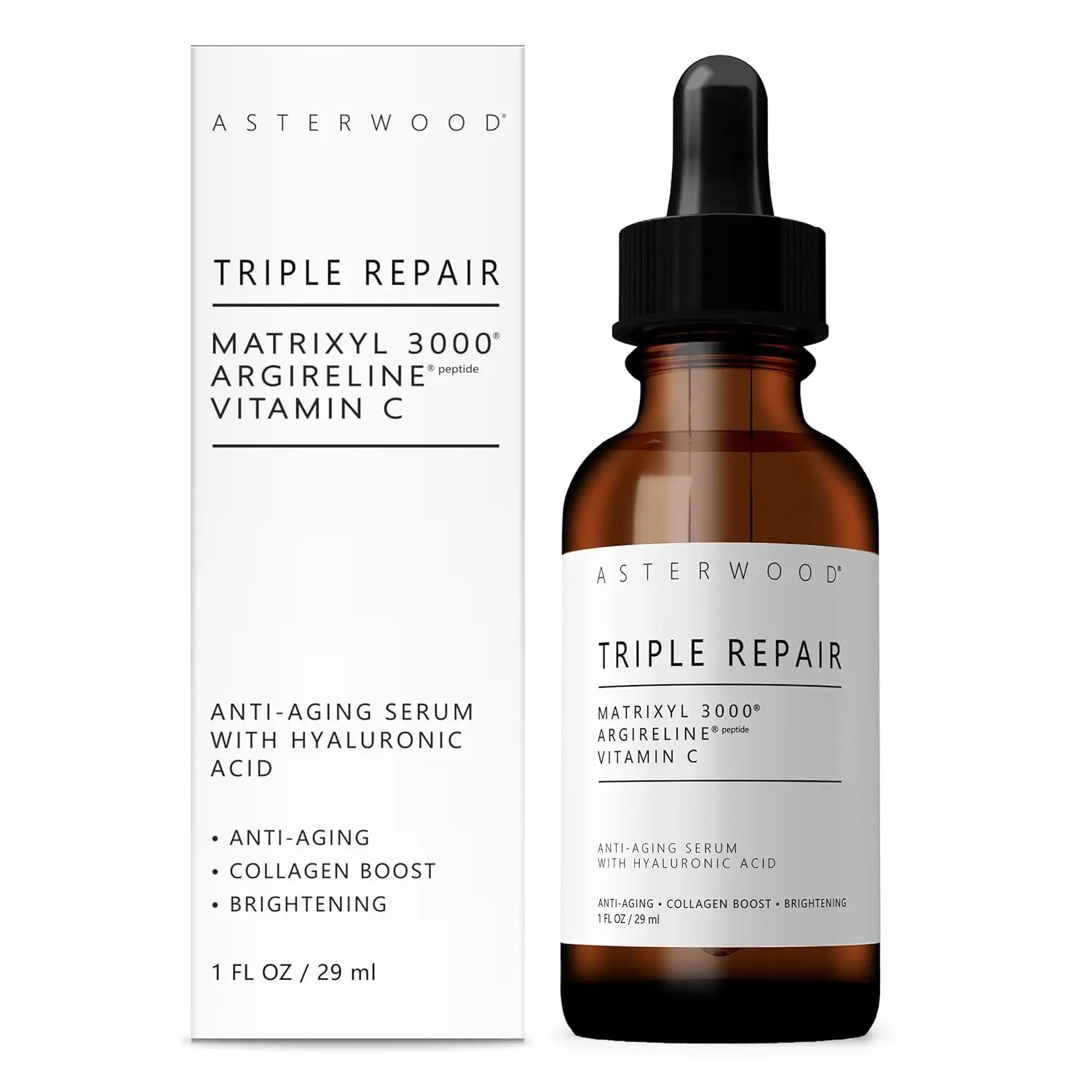 Asterwood Triple Repair Peptide Serum 1 Fl Oz - Matrixyl 3000, Argireline & Vitamin C Anti-Aging Face Serum with Hyaluronic Acid for Fine Lines