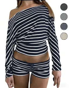 2026 Fashion Two-Piece Set Including One Shoulder Top & Casual Boho Shorts Women's Sleeveless Blouse Trendy Soft Striped Crop Top Love Womenswear Suits Everyday Clothes Gamis