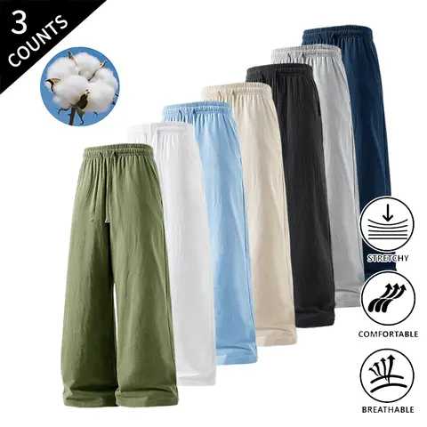 Men’s 3-Pack Plain Stretchy Menswear Casual Long Pants - Regular Fit, Adjustable Drawstring Waist, Breathable Soft Fabric, Full Length, Side Pockets, All-Day Wear (Black, Light Gray, Navy Blue)