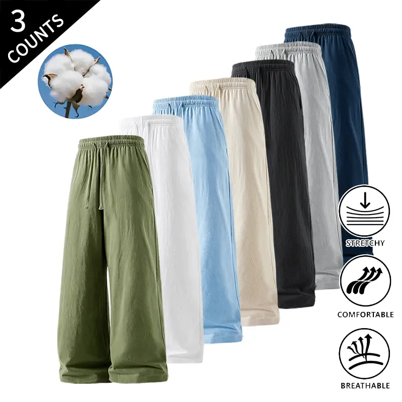 3-Pack Men’s Straight-Leg Casual Pants – Elastic Drawstring Waist, Breathable Soft Fabric, Loose Fit, Long Length with Side Pockets, Available in Multiple Colors for Everyday Wear