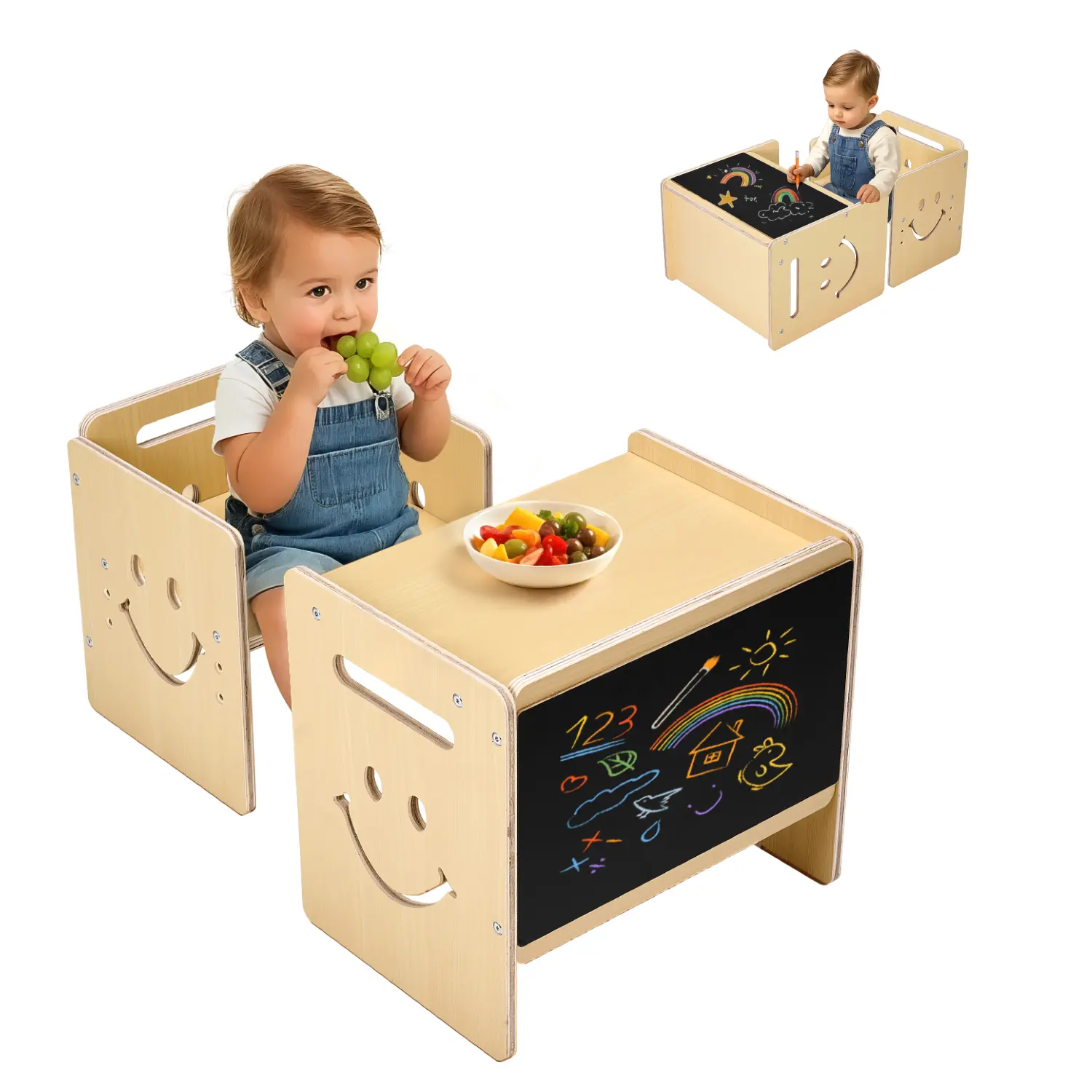 【SummerFinds】VEVOR Montessori Weaning Table and Chair Set, 3 In 1 Wooden Toddler Table and Chairs with Chalkboard, Adjustable Height Montessori Table for Ages 1-5, Ideal for Drawing, Reading, Eating - Natural
