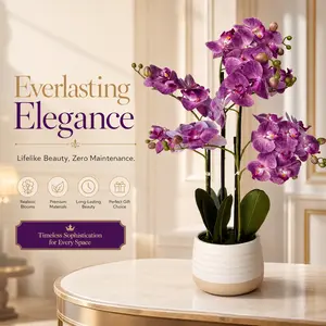 Purple Artificial Phalaenopsis Orchid Plant in Ceramic Pot - Low-Maintenance Silk Flower Arrangement, Father's Day Gift for Home Decor, Living Room