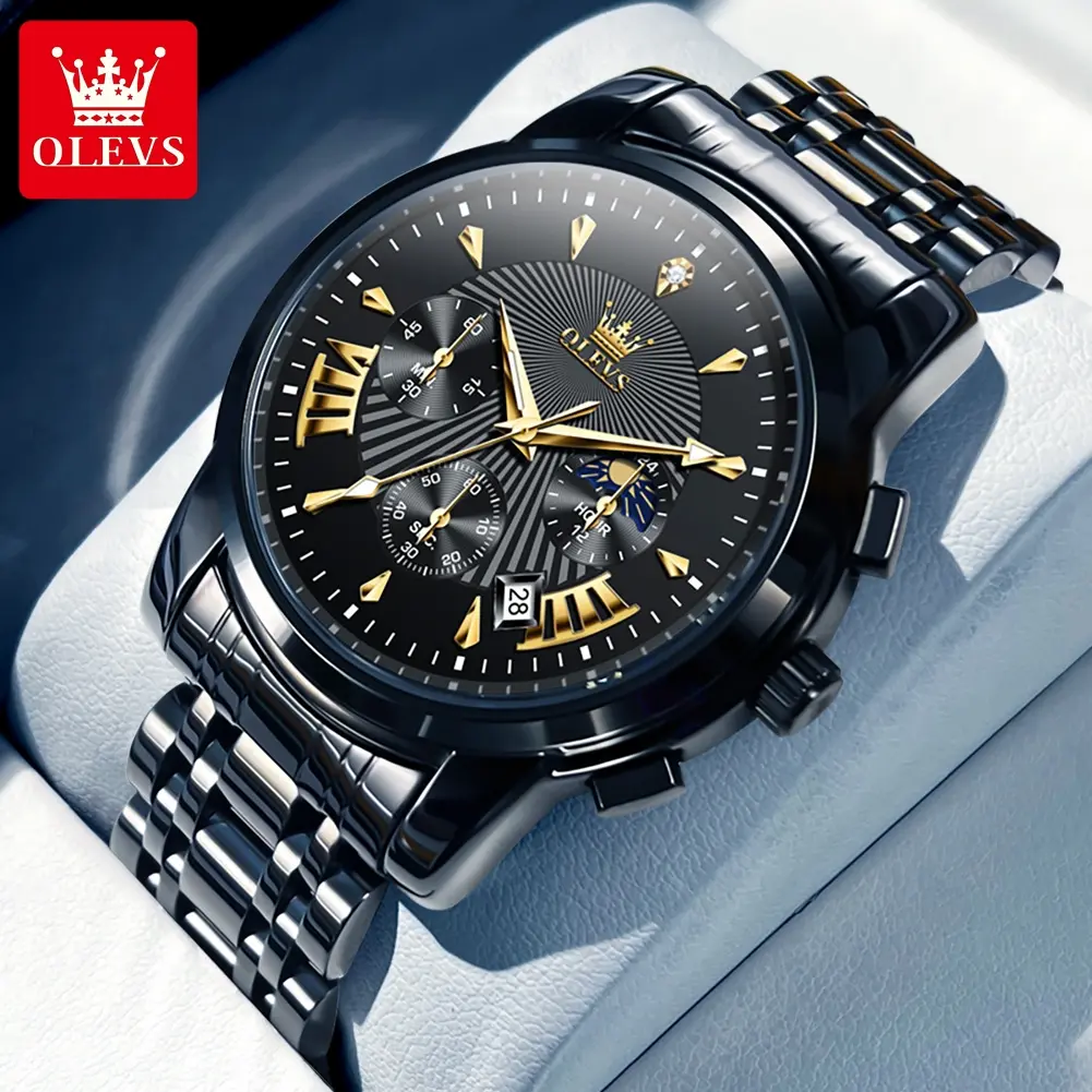 OLEVS Original Brand Men's Luxury Analog Watch, 30M - 50M Waterproof, Luminous Chronograph Quartz Wristwatch with Date, Full Black Stainless Steel Big Face Men's Watch, Clasp Closure, 24 Months Warranty 2892, Men's Watches, Watches