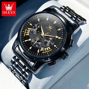 OLEVS Original Brand Men's Luxury Watch Waterproof Luminous Chronograph Quartz Wristwatch with Date Fashion Classic Full Black Stainless Steel Big Face Man Watches 2892