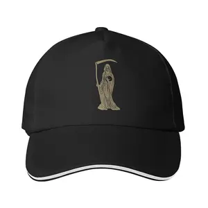 1/1pc Santa Muerte Baseball Cap - Lightweight Polyester, Sun Visor, Hand-Washable - Ideal for Golf & All-Season Sports - Black with White & Golden Grim Reaper Design Embroidered Hat Fitted Snapback Hats