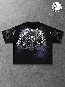 Unisex 100% Cotton Black Oversized T-Shirt | "Salvation" Skull Wings Cross Print Dark Y2K Gothic Alt Streetwear Top