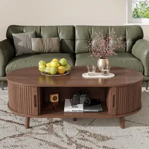 Oval Coffee Table, Mid Century Modern Coffee Table With Sliding Tambour Door, Fluted Accent Center Table With Storage, Oval Small Coffee Table For Living Room, Walnut/Natural Oak