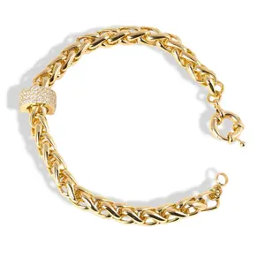14K Gold Plated Cuban Link Bracelet with CZ Center 7" - Classic Bold Shine Diamond-Style Iced Detail Everyday Luxury Drip, Cuban Link Chain, Bold Elegance