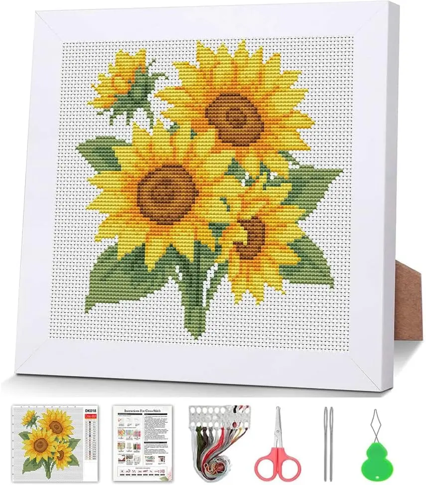 Sunflower Cross Stitch Kits for Beginners,Flowers Stamped Cross Stitch for Adults with Framed,Crafts for Girls 8-12 Embroidery Kit Partial 11CT Cross-Stitch Arts and Crafts for Adults 7.9x7.9inch