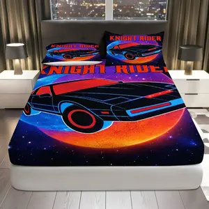 3Pcs Retro Car Galaxy Night Fitted Sheet Three Piece Set (1*Fitted Sheet+2*Pillowcases, Coreless), Sci-Fi theme, Vintage Vehicle Bedding Set, Mattress protector Soft, Breathable