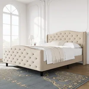 GARVEE Tufted Upholstered Platform Bed Frame with Headboard and Footboard, Raised Wing Back Headboard, Mattress Foundation and Wood Slat Support, No Box Spring Needed