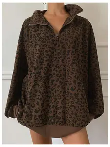 Women's Leopard Print Half Zip Pullover Casual Oversized Long Sleeve Corduroy Sweatshirt Womenswear Hoodie Baggy Loose Collared Tops