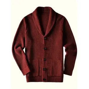 Men's knitted cardigan with button details, a casual and comfortable long-sleeved sweater   Beige Plain Knife Menswear Knitwear