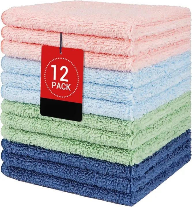 Microfiber Washcloths 12 Pack, Highly Absorbent and Soft Face Towel, Multi-Purpose Wash Cloths for Bathroom, Gym, Hotel, Spa and Kitchen, Multicolor 12x12 Inch
