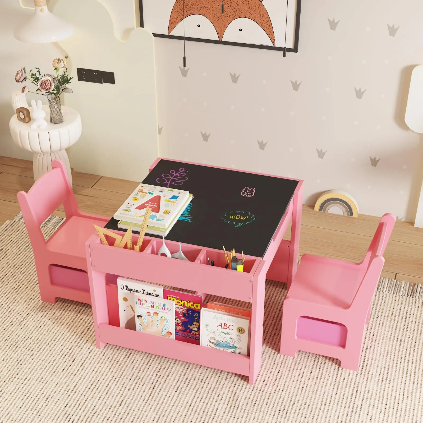 Kids Table and Chair Set, 4-in-1 Activity Table with Chalkboard, Whiteboard and Storage Drawer, Drawing, Reading, Crafts and Homework