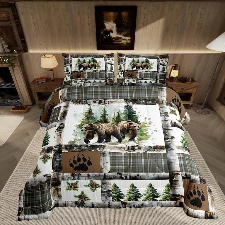 Rustic Bear Bedding Set Hunting Theme Comforter Set for Kids Boys Girls Bear Paw Print Comforter Cabin Decor Quilt Set with Bedding