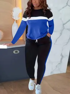 Cozy up in this color-block pants set! Featuring a crew neck long-sleeve top and drawstring pants, perfect for Spring & Fall. Ideal for lounging or casual outings. Stay stylish and comfy all season! #CasualChic #AutumnStyle #ComfyOutfit #PlusSizeStyle