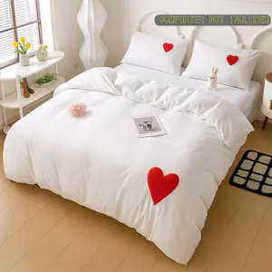 Love Heart Duvet Cover Set (No Filling), Tufted Embroidery Romantic Coquette Bedding with Pillowcases, Soft & Lightweight Comforter Cover, Machine Washable, Valentine Aesthetic Room Decor, Cozy Bedding Set,Duvet CoveSet,Gift for Mother’s Day