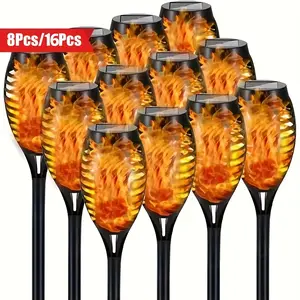 APZZLOXH Solar Torch Light Flashing Flame Pack of 16 or 8 Warm Light 12LED Tiki Solar Flame Outdoor, Mini Solar Firelight Auto On/Off Garden, Patio, Courtyard Road Solar Landscape Lights for Porch Yard Halloween Decoration
