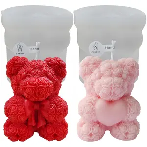 2-Piece Small Rose Bear Candle Silicone Molds, 3D Bear Candle Making Moulds, DIY Handmade Scented Candles & Soap Craft Tools, Handmade Gifts