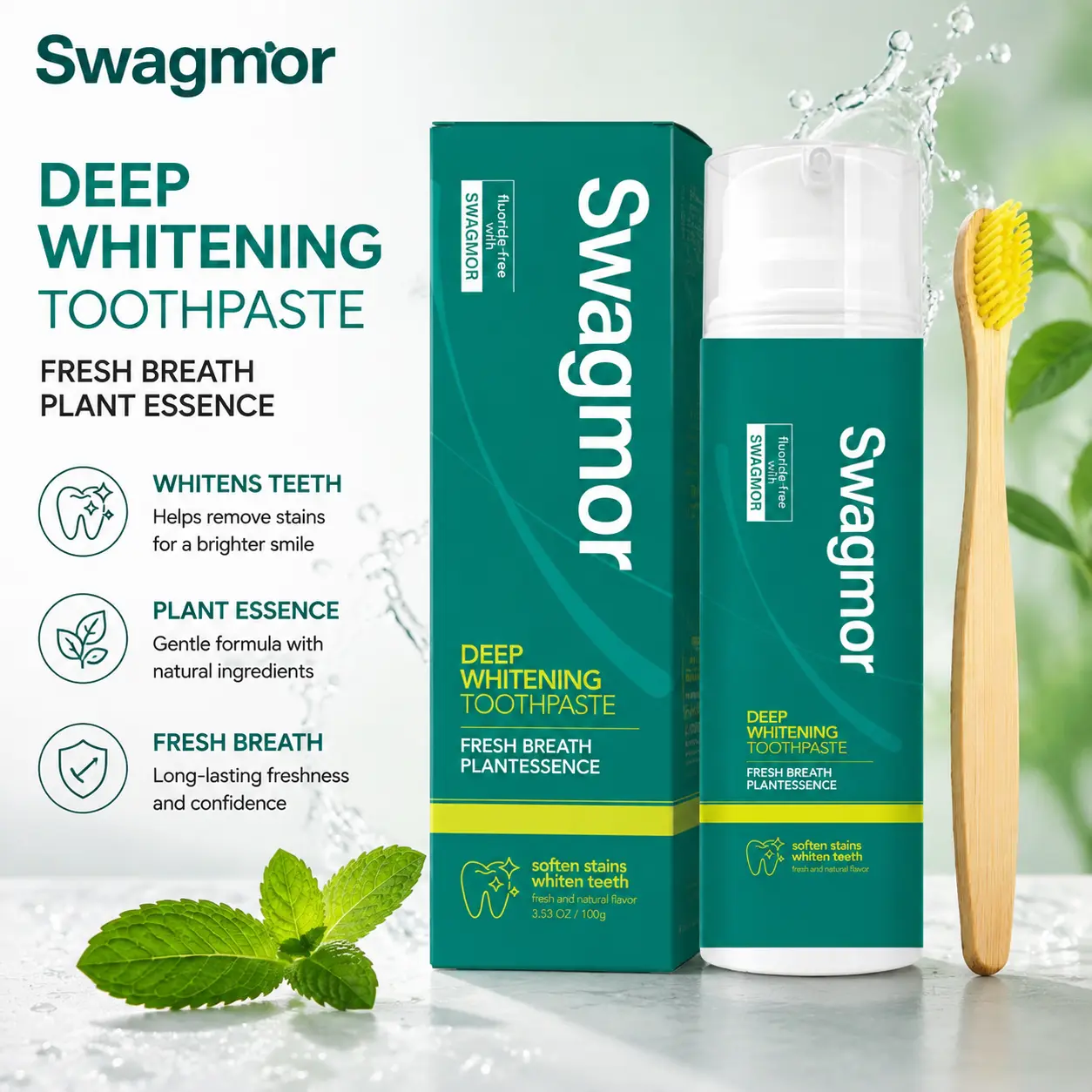 Swagmor Fluoride-Free Toothpaste (100g) - Plant Essence Formula, Deep Whitening, Stain Removal, Fresh Breath, with Gentle Bamboo Toothbrush