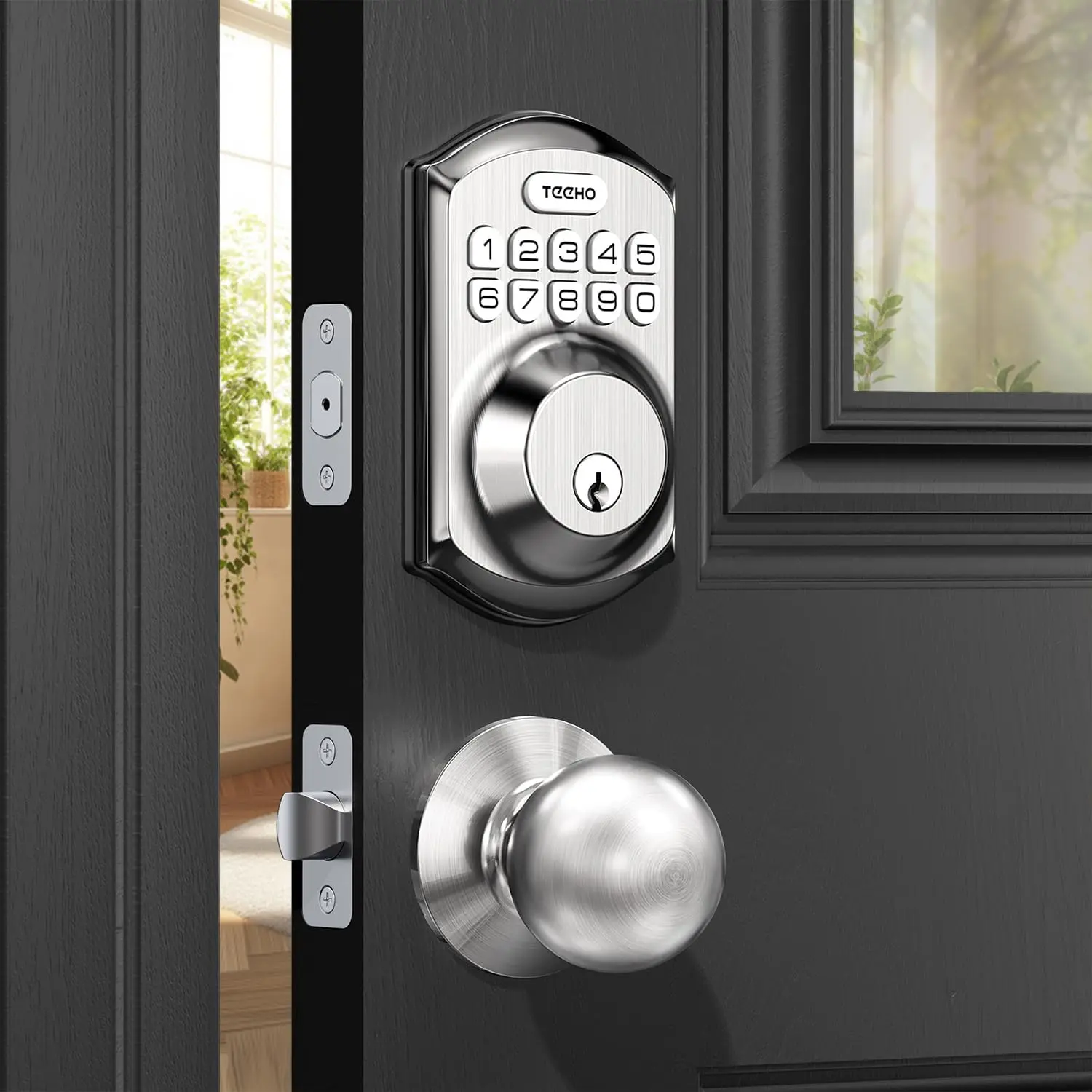 TE001K Keyless Entry Door Lock with Handle,  Keypad Deadbolt with 2 Knobs, High- Front Door Handle Set for  & Rental,  Auto-Locking, Easy Install, Satin Nickel
