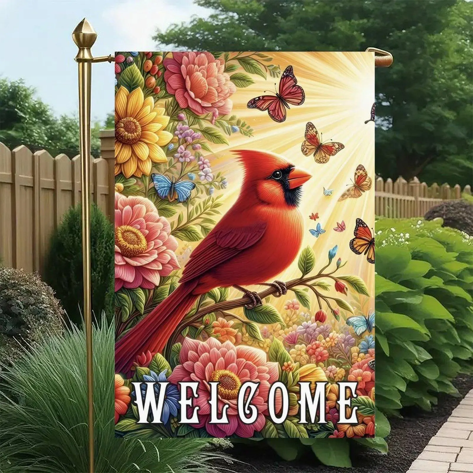 Welcome Red Cardinal Bird Sunflower Peony Wildflower Butterfly Bright Sunshine Floral Spring Welcome Garden Flag Double-Sided 12x18in, Bird Floral Patio Banner