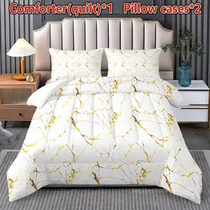 3-piece white marble comforter set, Soft Bedding Set (1 comforter + 2 pillowcases without pillow inserts), featuring U-shaped quilting, filled with 200gsm material, suitable for all seasons, breathable, soft against the skin, durable, and machine-w