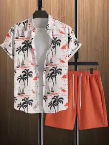 Two-Piece Set Men's Flamingo Print Short Sleeve Shirt & Shorts, Regular Fit Casual Button Up Top & Shorts, Men's Summer Outfits Set for Beach Vacation, Casual Fashion Set