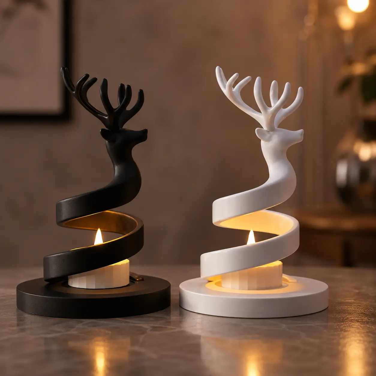 Spiral Reindeer Candle Holder Decor, Elegant Deer Antler Tabletop Centerpiece with Warm Glow, Christmas Shelf Mantel Decoration and Holiday Gift for Reindeer Lovers
