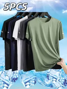 Five-Pack Men's Solid Color Sport T-Shirts, Geometric Pattern, Moisture-Wicking, Breathable, Multiple Colors, Ideal for Gym, Running, Training