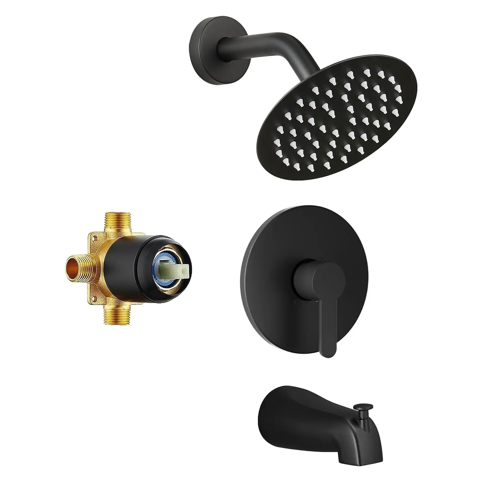 Tub Shower Faucet Set Valve Included with 8-Inch Rain Shower Head and Tub Spout Single-Handle Tub and Shower Trim Kit Matte Black