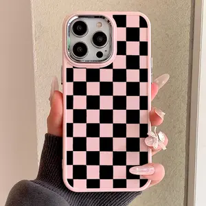 Pink metal frame, checkerboard pattern, shockproof soft Protective phone case with buttons, suitable for Apple XS/XR/11/12/13/14/15/16/17 PRO/PRO MAX/PLUS/AIR.  A great gift choice for best friends, boyfriends/girlfriends, and family!