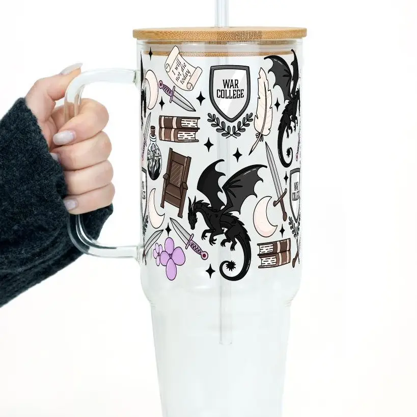 Sip-Sip Hooray! War College 40oz Glass & Plastic Tumbler - Aesthetic Fantasy Cup Bamboo Lid & Straw, Reusable Iced Coffee Must-Have for Book Lovers Mu