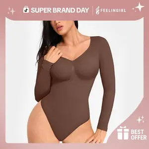 FeelinGirl Womenswear Seamless Long Sleeve Thong Bodysuit for Tummy Control V Neck Going Out Fabric Comfortable Casual Breathable Super Brand Day #Summervibes FeelinGirl Womenswear Seamless Long Sleeve Thong Bodysuit for Tummy Control V Neck Going Out Fabric Comfortable Casual Breathable Super Brand Day #Summervibes