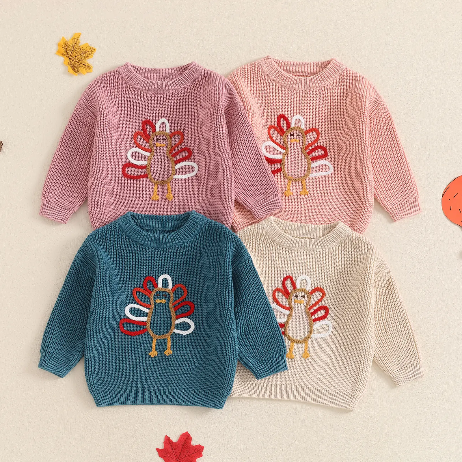 0-3T Baby Boy Girl Thanksgiving Clothes Outfits Sweater Turkey Embroidery Long Sleeve Crew Neck Pullover Tops for Fall Winter