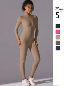 Women's Solid Long Sleeve Zip Up Sports Jumpsuit, Sporty Jumpsuit, Breathable Comfortable Jumpsuit for Yoga Gym Workout, Ladies Sportswear for All Seasons