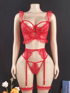 Romantic Midnight Floral Embroidered Lace Lingerie Set, Steel Ring Thong Garter Belt Leg Rings, Comfortable Women's Underwear