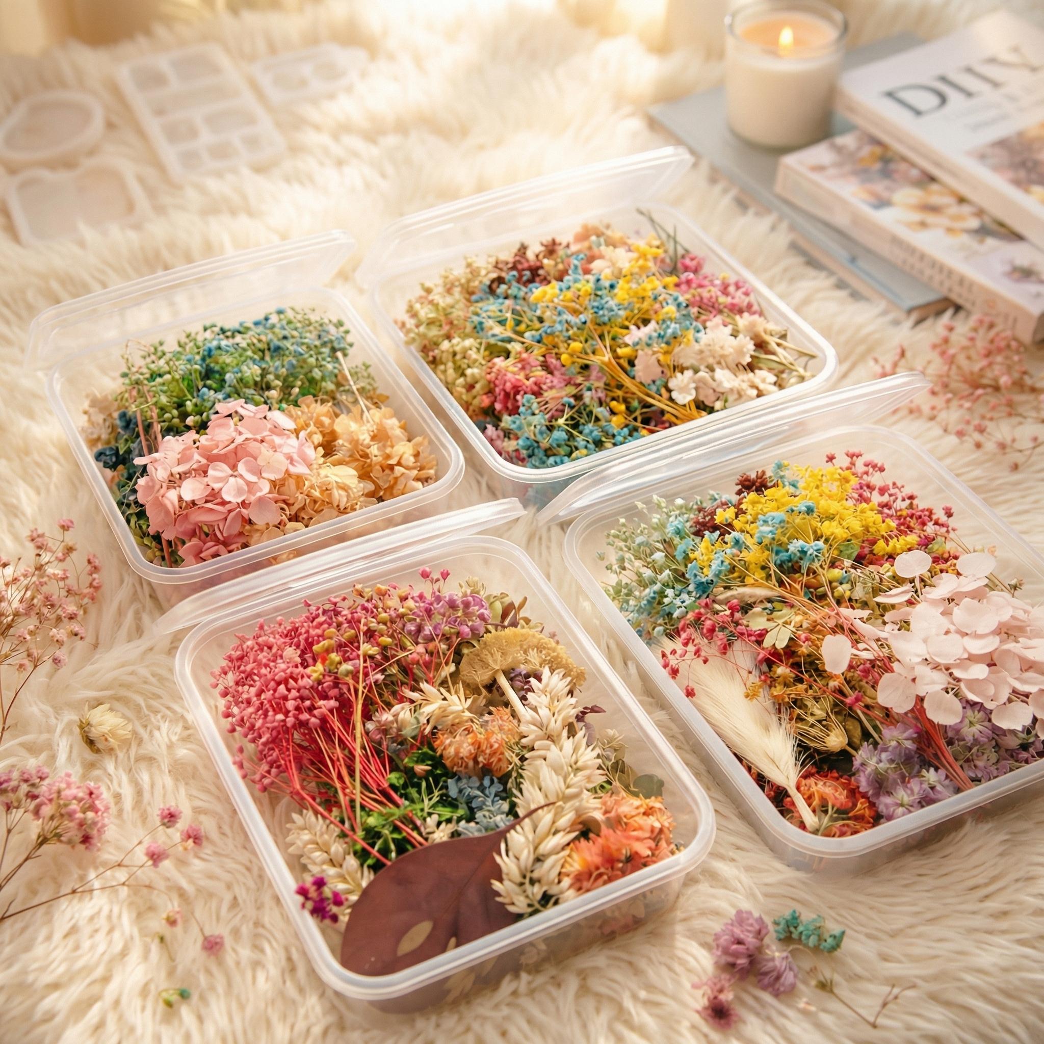 4 boxes of dried flowers in random colors, suitable for handmade DIY aromatherapy candle making, resin dried flower jewelry pendants, handmade floral greeting cards, photo frames, and more—perfect decorations for Christmas and Halloween | Multiple colors,