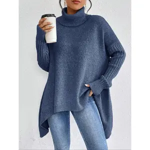Women’s thick knit long-sleeve turtleneck off-shoulder sweater, a fashionable casual loose pullover, perfect for autumn and winter