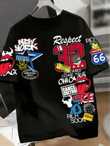 Men's Summer American Street Style Graphic Print Short Sleeve Round Neck T-Shirt, New York Chicago Elements Fashion Top, Casual Fitted Tee, Streetwear