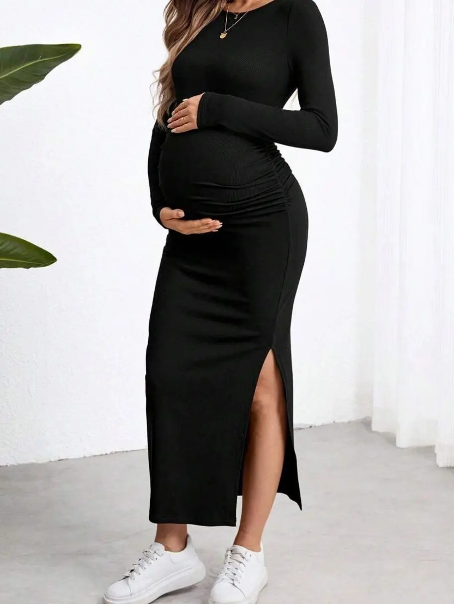 Black Long Slit Bodycon Maternity Dress - Stylish for Pregnant Women