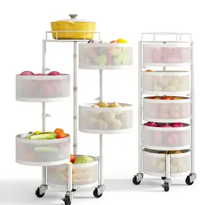 Fruit and Vegetable Basket Bowls for Kitchen with Metal Top Lid, 5 Tier Rotating Storage Rack Cart for fruits vegetables storage, Wire Basket Organizer on Wheels, Large (White)
