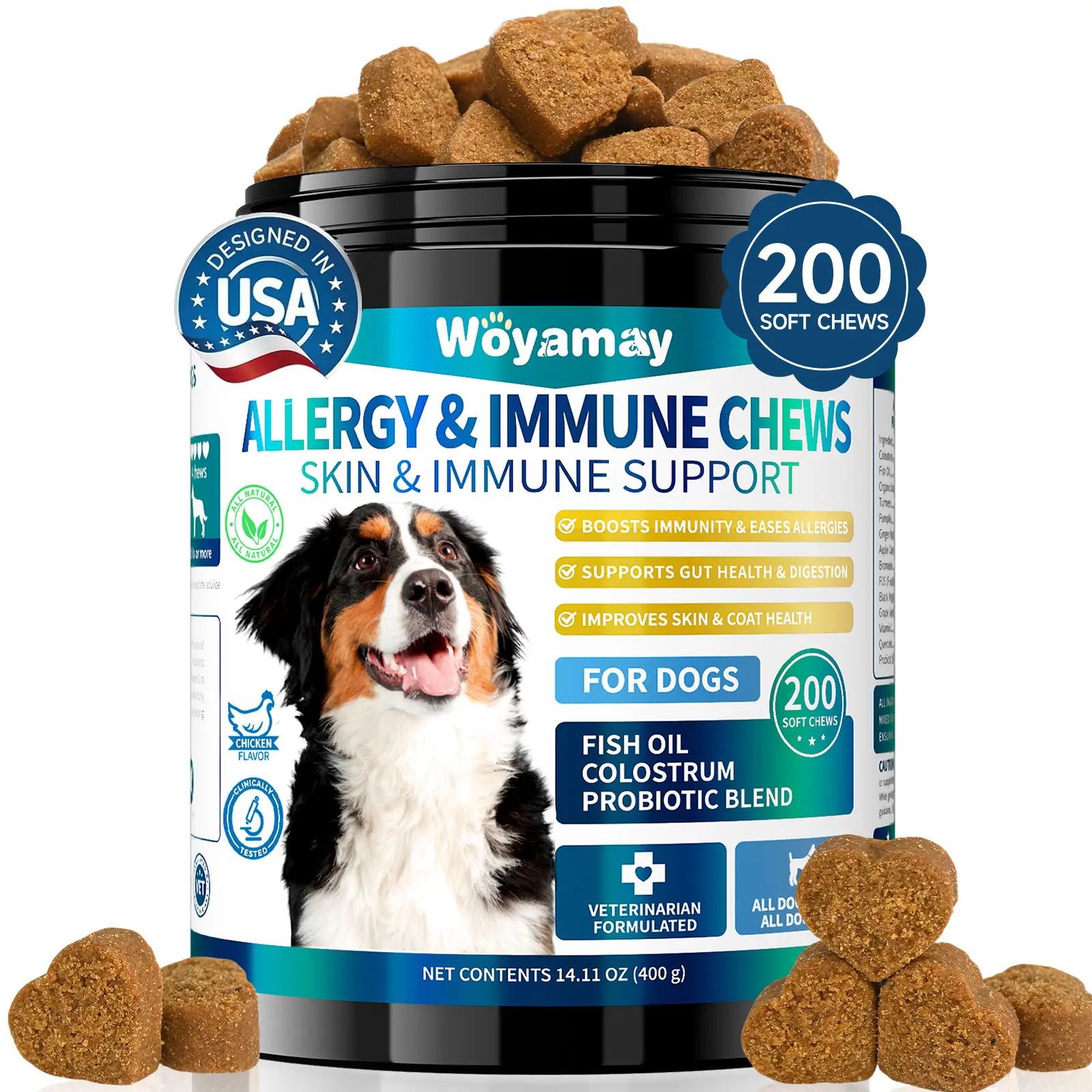 Woyamay Dog Allergy Relief, 200 Chewables Support Itching Skin, Skin & Coat, Immune, Hot Spots, Paw Licking with Omega 3 Fish Oil, High protein, Turmeric & Colostrum Chicken Flavor #tiktokshopbacktoschool