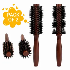 Round Boar Bristle Hair Brush with Wooden Handle, 2-Pack Brown, for Medium to Long Hair (Thick, Fine, Curly or Straight) – Enhances Volume and Shine