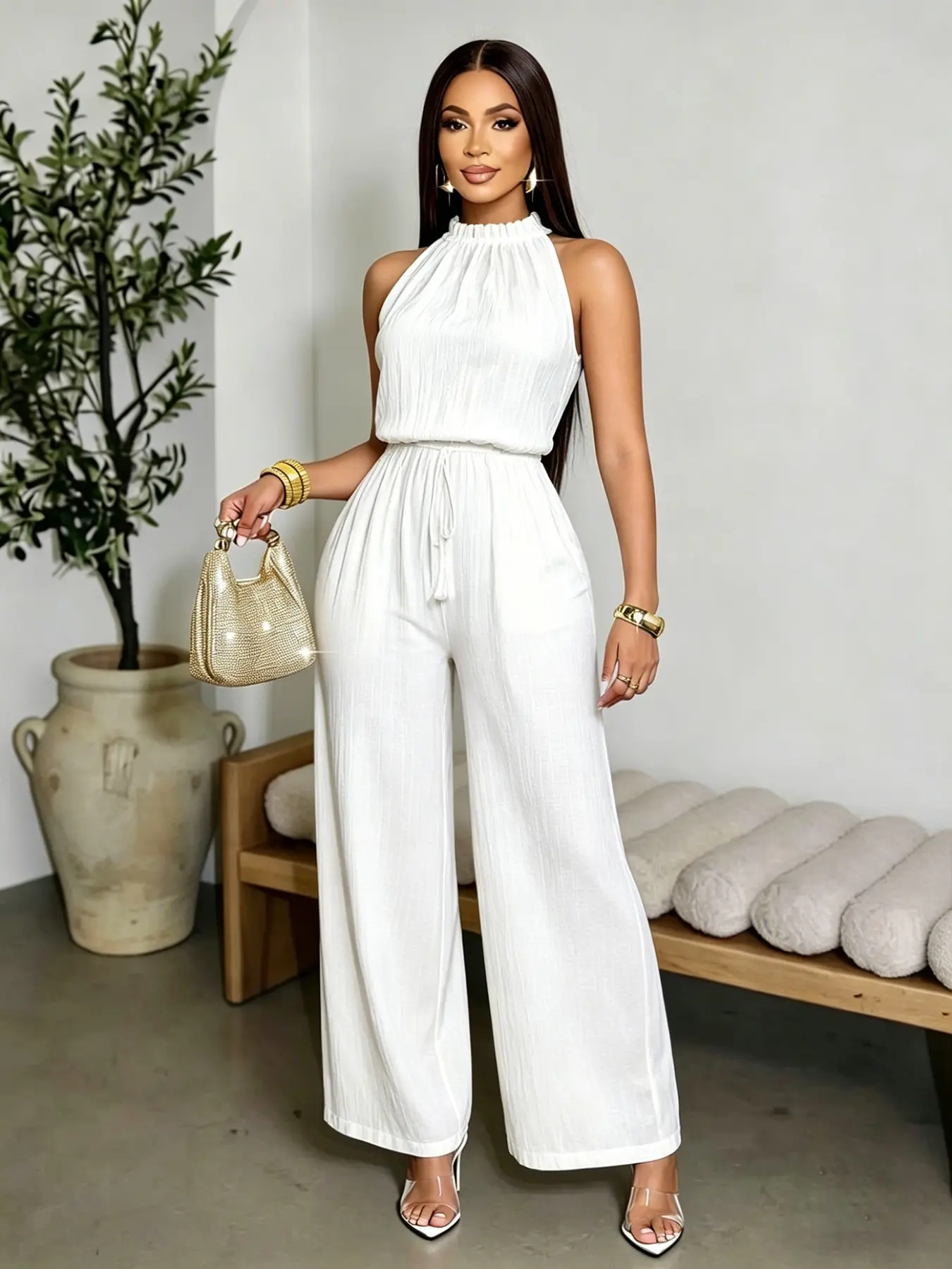 Women's High Waist Belted Jumpsuit Set, Overalls, Long Sleeve Fitted Casual, Plain Design, Vacation Style, Includes Belt, Pants, Sleeveless, Jumpsuits Overalls