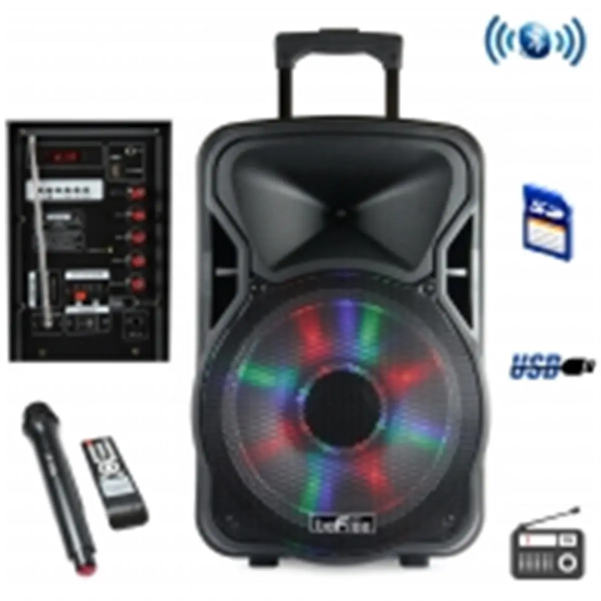 212 MAIN 12-in Wireless Bluetooth Rechargeable Portable Metal Party Speaker with Illuminating Light, Karaoke Audio Support, Mics, USB Adapter, High-Watts Sound