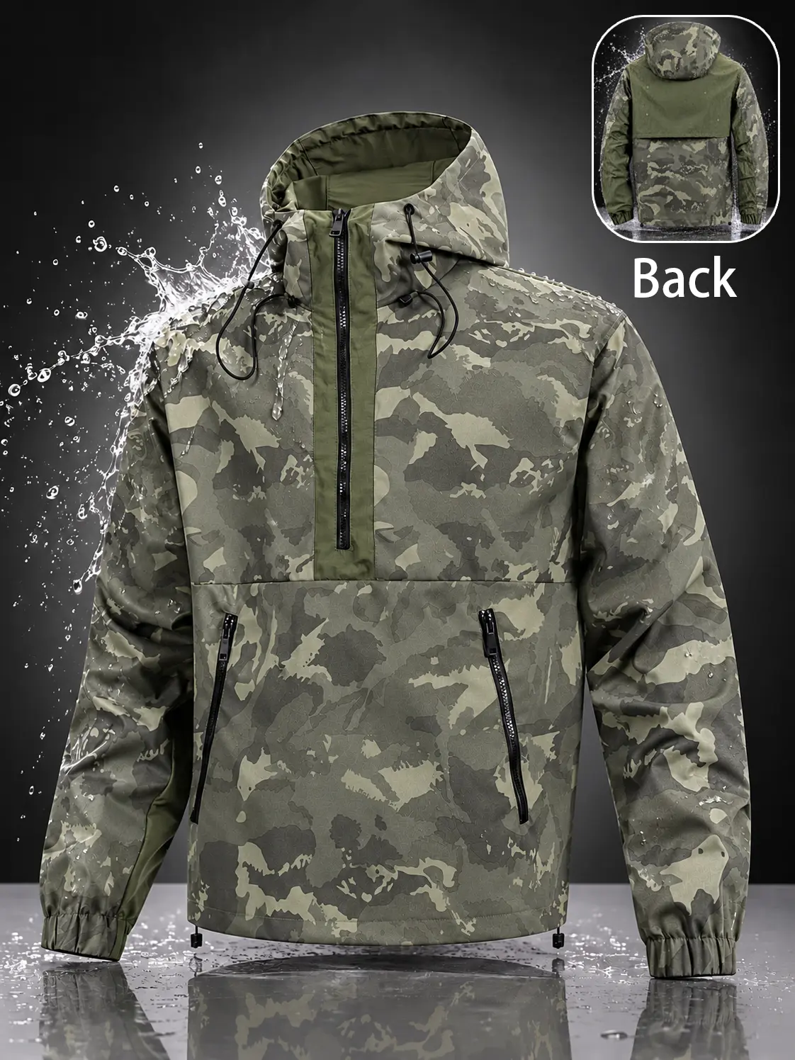 Men's Lightweight Camo Hooded Jacket, Water Resistant Half Zip Pullover Windbreaker, Outdoor Anorak Rain Jacket with Zipper Pockets, Casual Hiking Camping Fishing Travel Outerwear for Men, Fall & Spring
