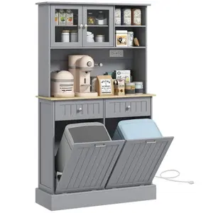 Bellemave  HOMCOM 68" Kitchen Pantry Storage Cabinet with Charging Station, 2 Tilt Out Trash Cabinets and Microwave Stand, Freestanding Kitchen Hutch with Glass Doors and Adjustable Shelf, White